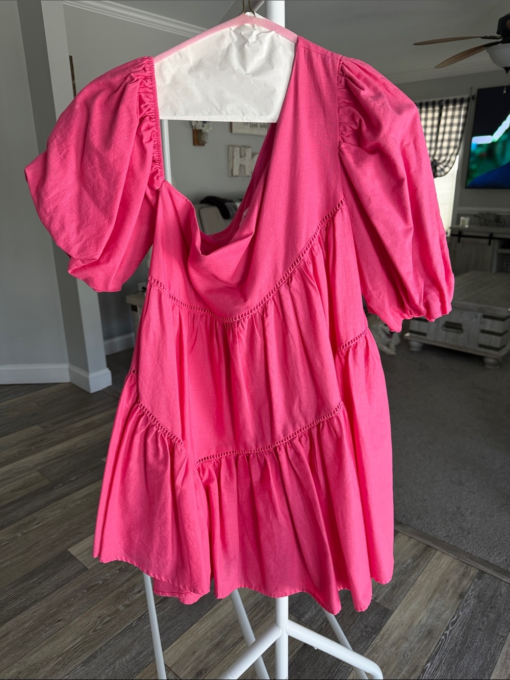 Showpo Bright Pink Puff Sleeve Tiered Mini Dress